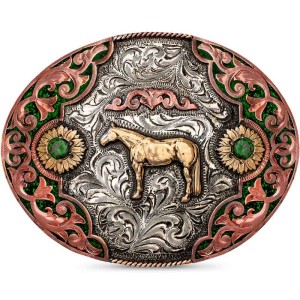 A custom belt buckle for women featuring a horse bronze figure, sunflowers and a crushed turquoise base addorned with copper scrolls 